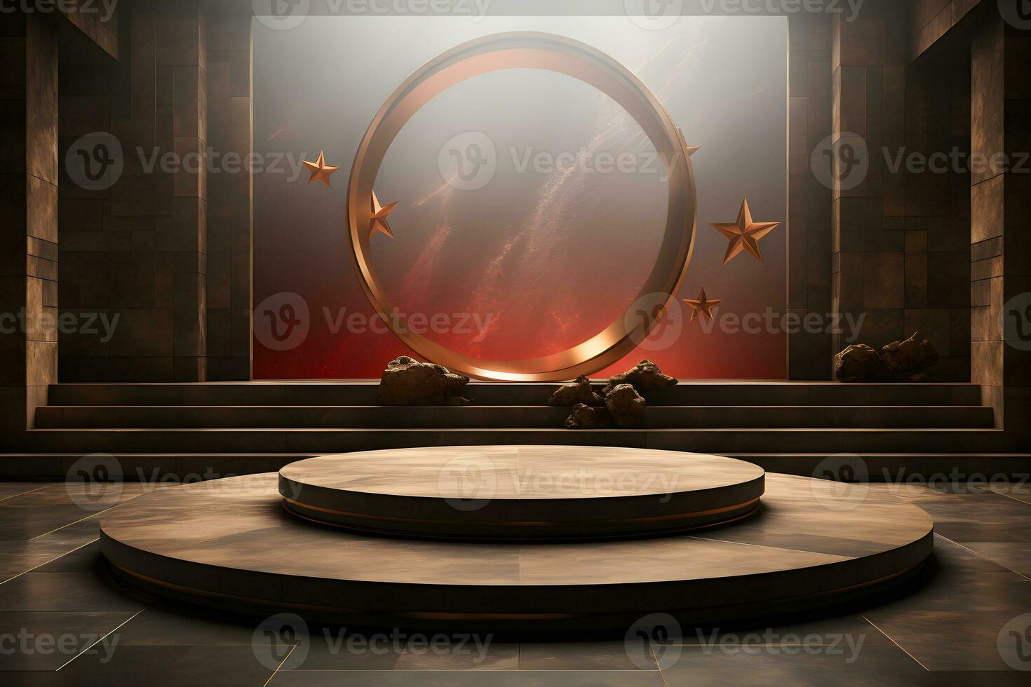 Futuristic dark room with stone floor, 3d render. AI Generative Illustration. Podium for product shoot. photo