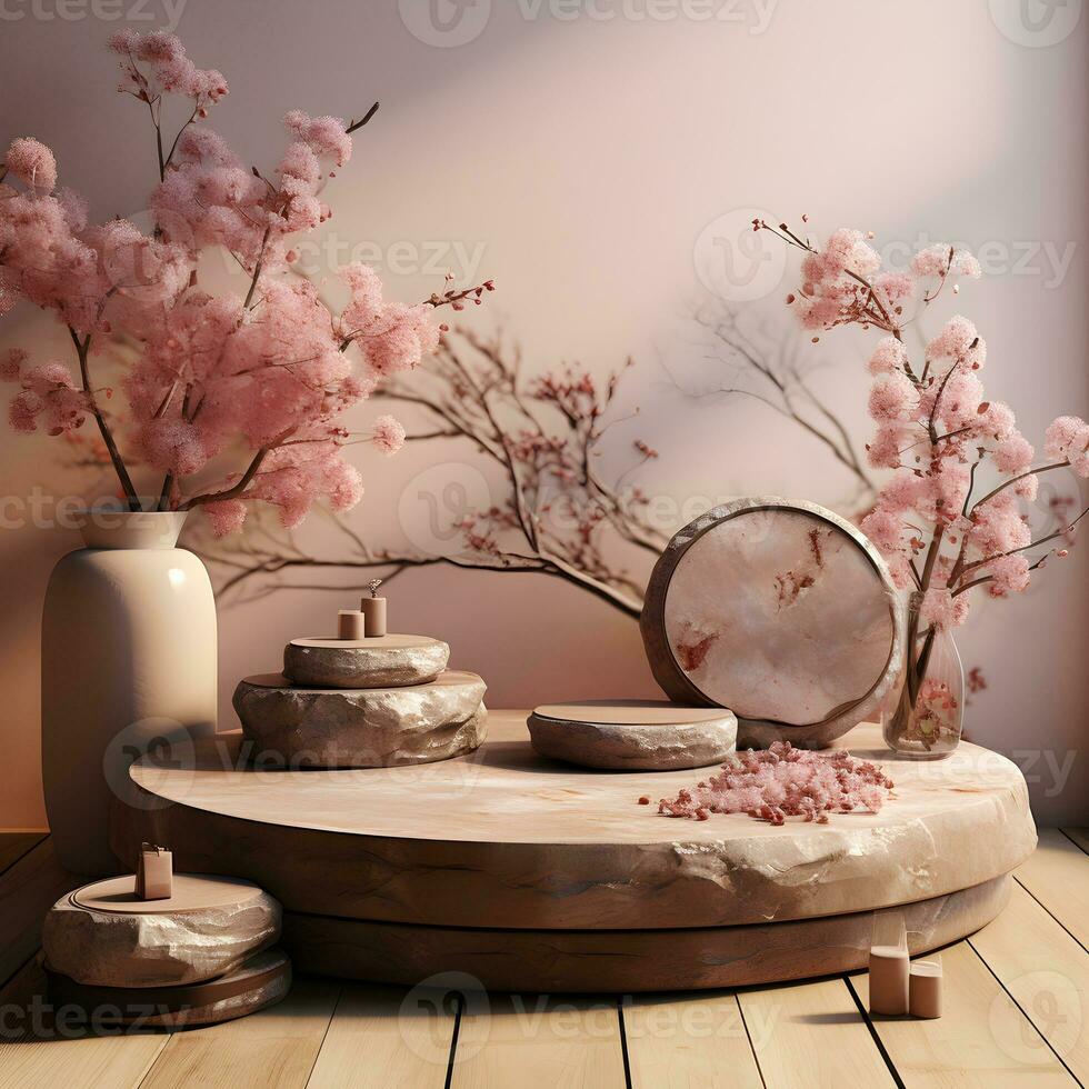 3d render, abstract minimal scene with round podium and mountains in the background AI Generative Illustration. Podium for product shoot. photo