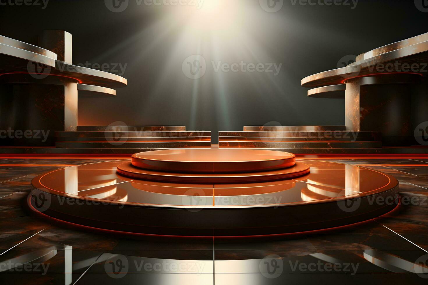 Futuristic dark room with stone floor, 3d render. AI Generative Illustration. Podium for product shoot. photo