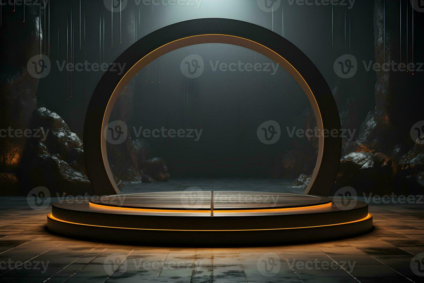 Futuristic dark room with stone floor, 3d render. AI Generative Illustration. Podium for product shoot. photo
