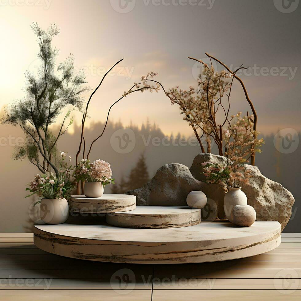 3d render, abstract minimal scene with round podium and mountains in the background AI Generative Illustration. Podium for product shoot. photo