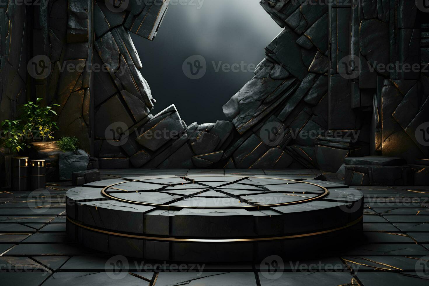 Futuristic dark room with stone floor, 3d render. AI Generative Illustration. Podium for product shoot. photo