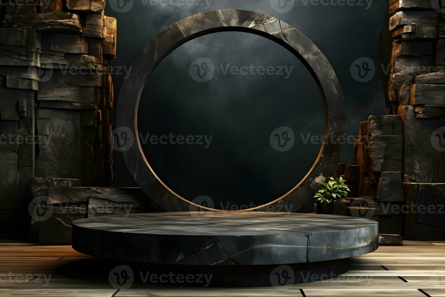 Futuristic dark room with stone floor, 3d render. AI Generative Illustration. Podium for product shoot. photo