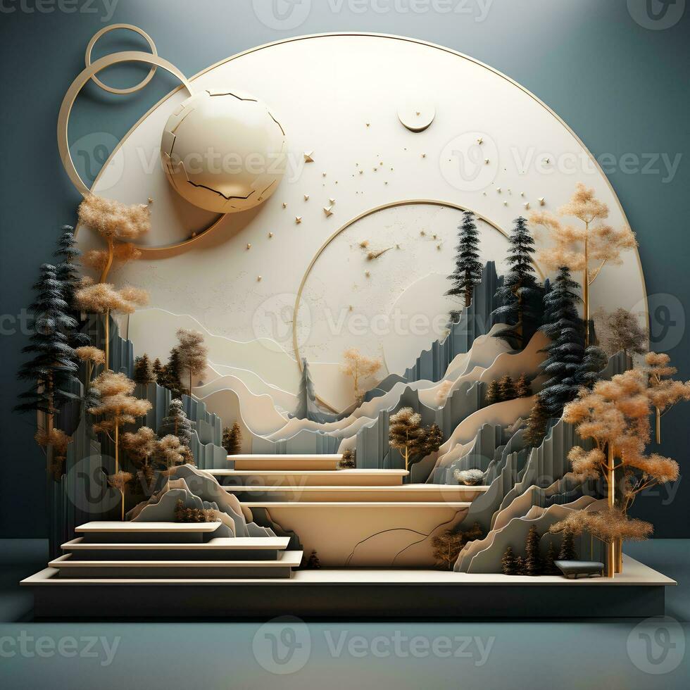3d render, abstract minimal scene with round podium and mountains in the background AI Generative Illustration. Podium for product shoot. photo