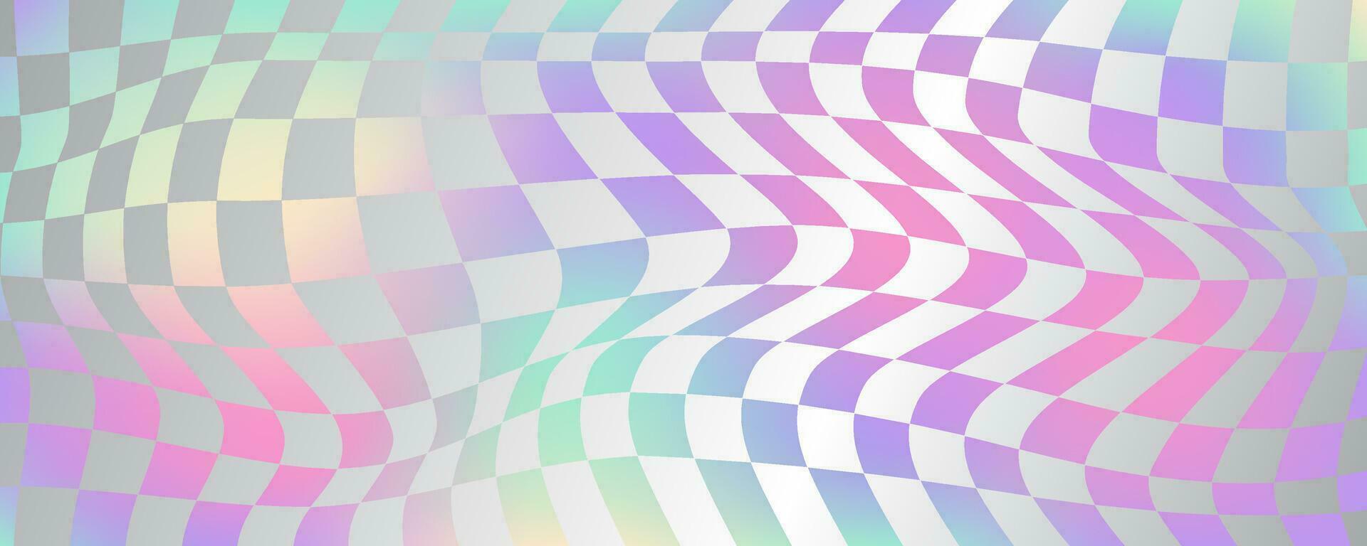 Checkerboard wavy pattern. Abstract holographic chessboard vector print. Y2k psychedelic optical foil grid. Swirl rainbow geometric retro design