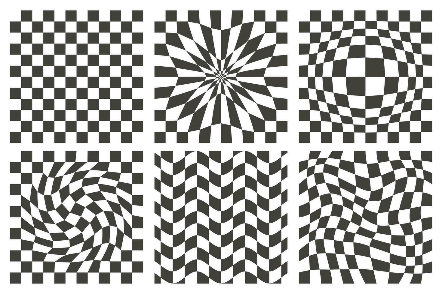 Checkerboard wavy patterns. Abstract chess square print. Black and white psychedelic optical illusion. Warped flag with geometric graphic. Y2k design for banner vector