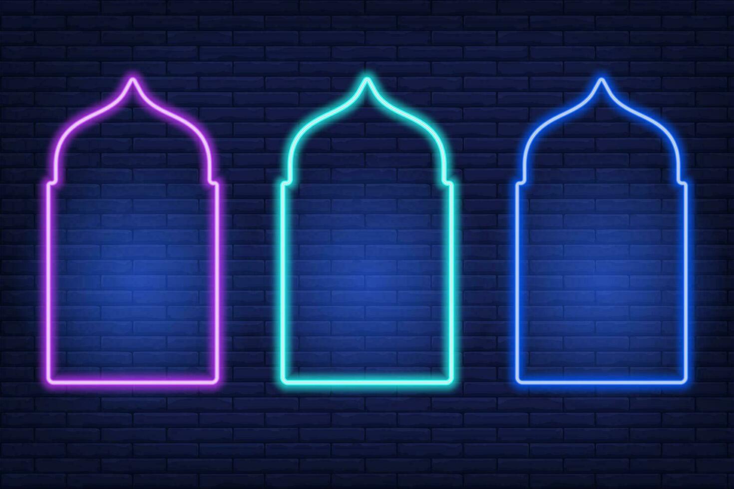 Neon Ramadan islamic frame. Vector arch shapes on dark background. Muslim door and window. Arabian bright template set.