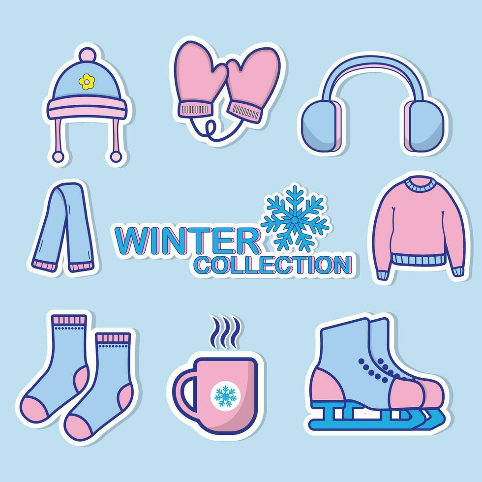 invierno elementos pegatina conjunto colección vector ilustración. plano dibujos animados estilo diseño. invierno ropa y esenciales concepto