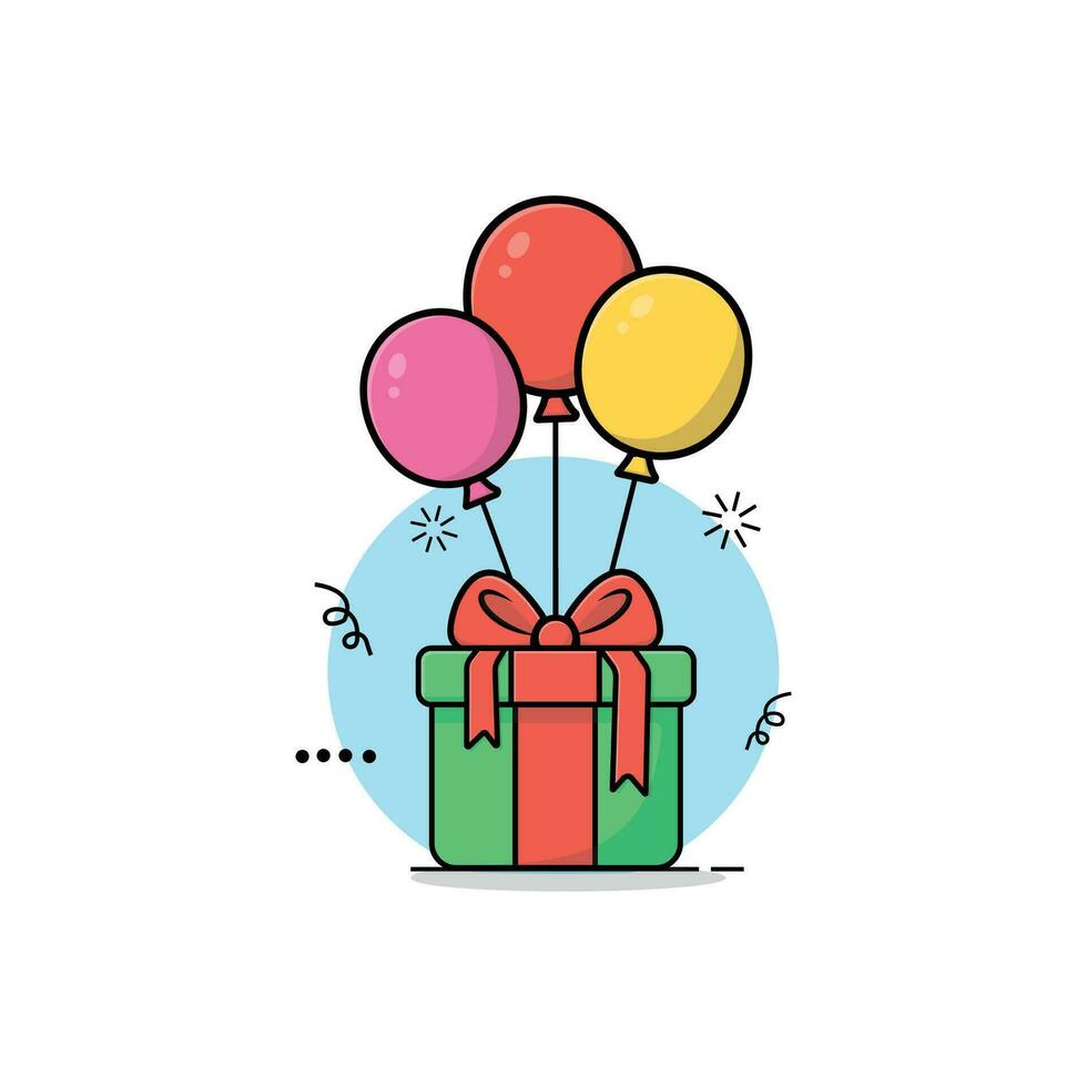 Gift Box with Balloons Illustration Isolated Flat Cartoon Vector Design. Celebration Object Icon Concept. Gift Box Flying on Balloons.