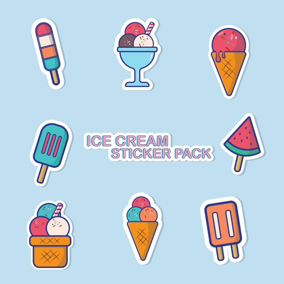 Ice cream sticker set collection vector illustration. Flat cartoon style design. Ice cream sticker concept