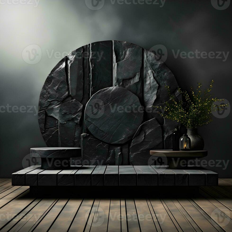 Black stone circle podium pedestal product stage platform 3d background. Generative AI photo
