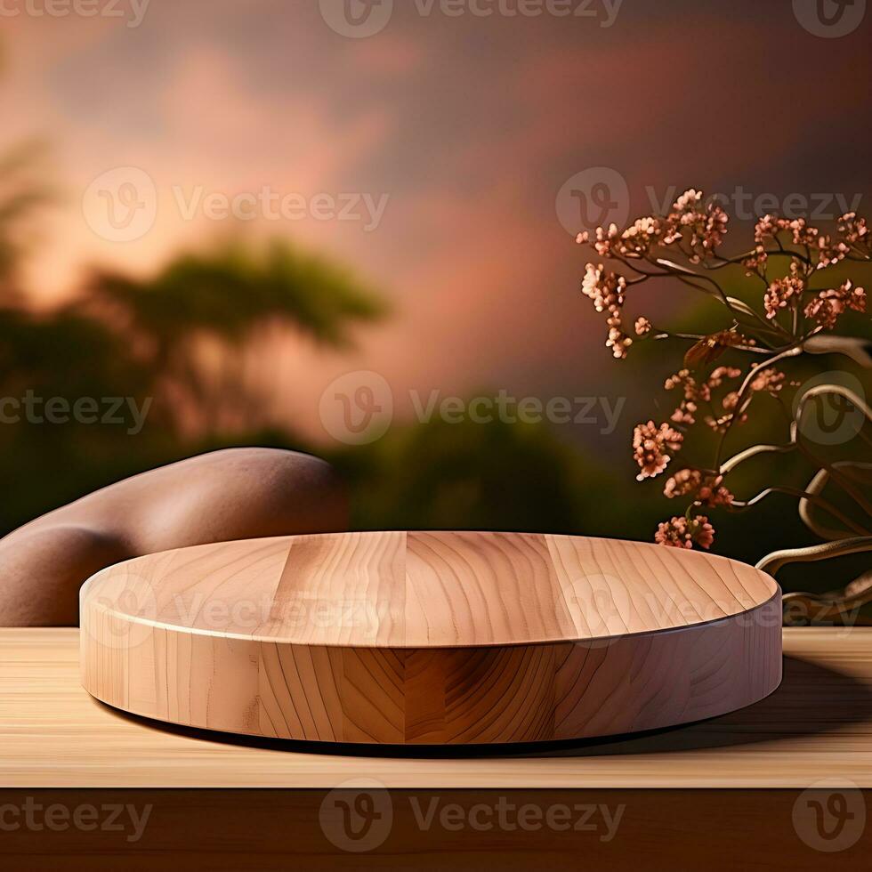 3d render, abstract minimal scene with round podium and mountains in the background AI Generative Illustration. Podium for product shoot. photo