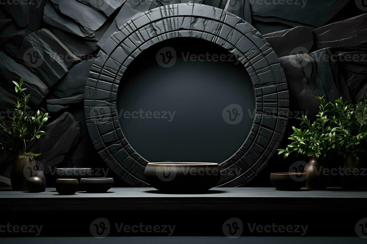 Futuristic dark room with stone floor, 3d render. AI Generative Illustration. Podium for product shoot. photo