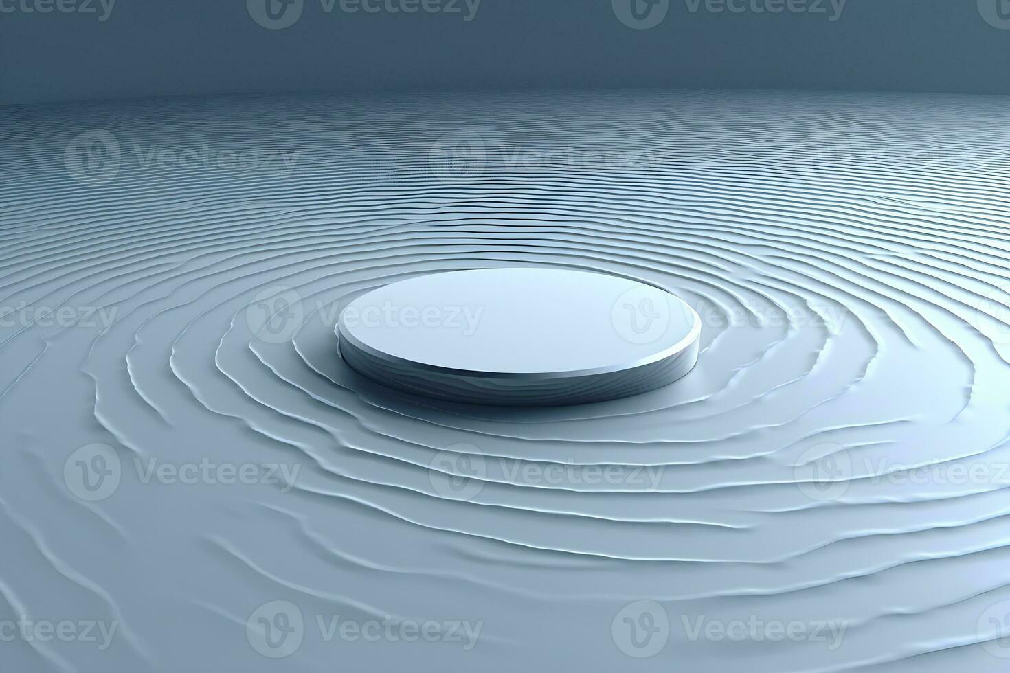 3d rendering of white circle on blue background with some water drops AI Generative Illustration. Podium for product shoot. photo