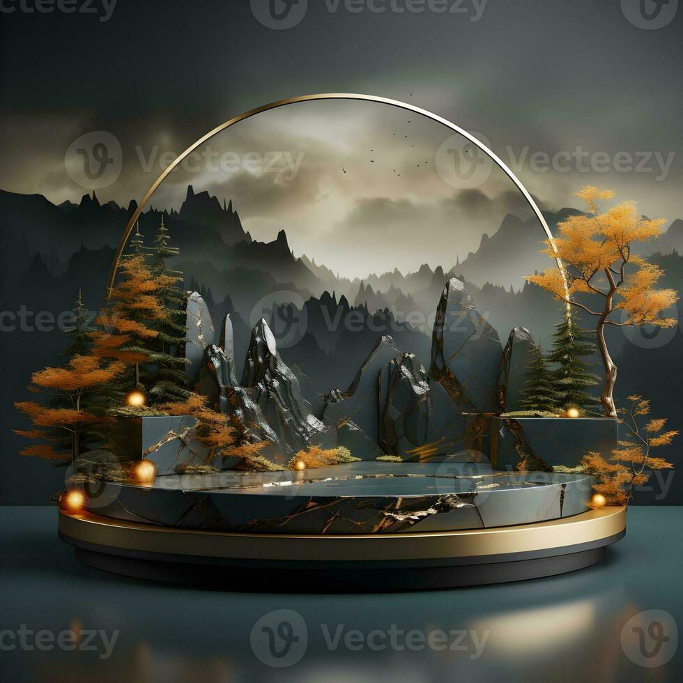 3d render, abstract minimal scene with round podium and mountains in the background AI Generative Illustration. Podium for product shoot. photo