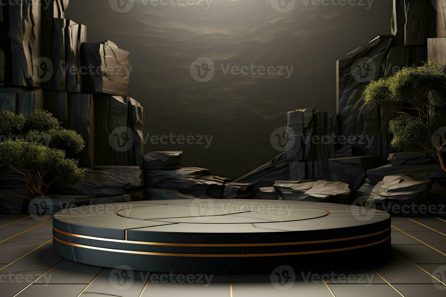 Futuristic dark room with stone floor, 3d render. AI Generative Illustration. Podium for product shoot. photo