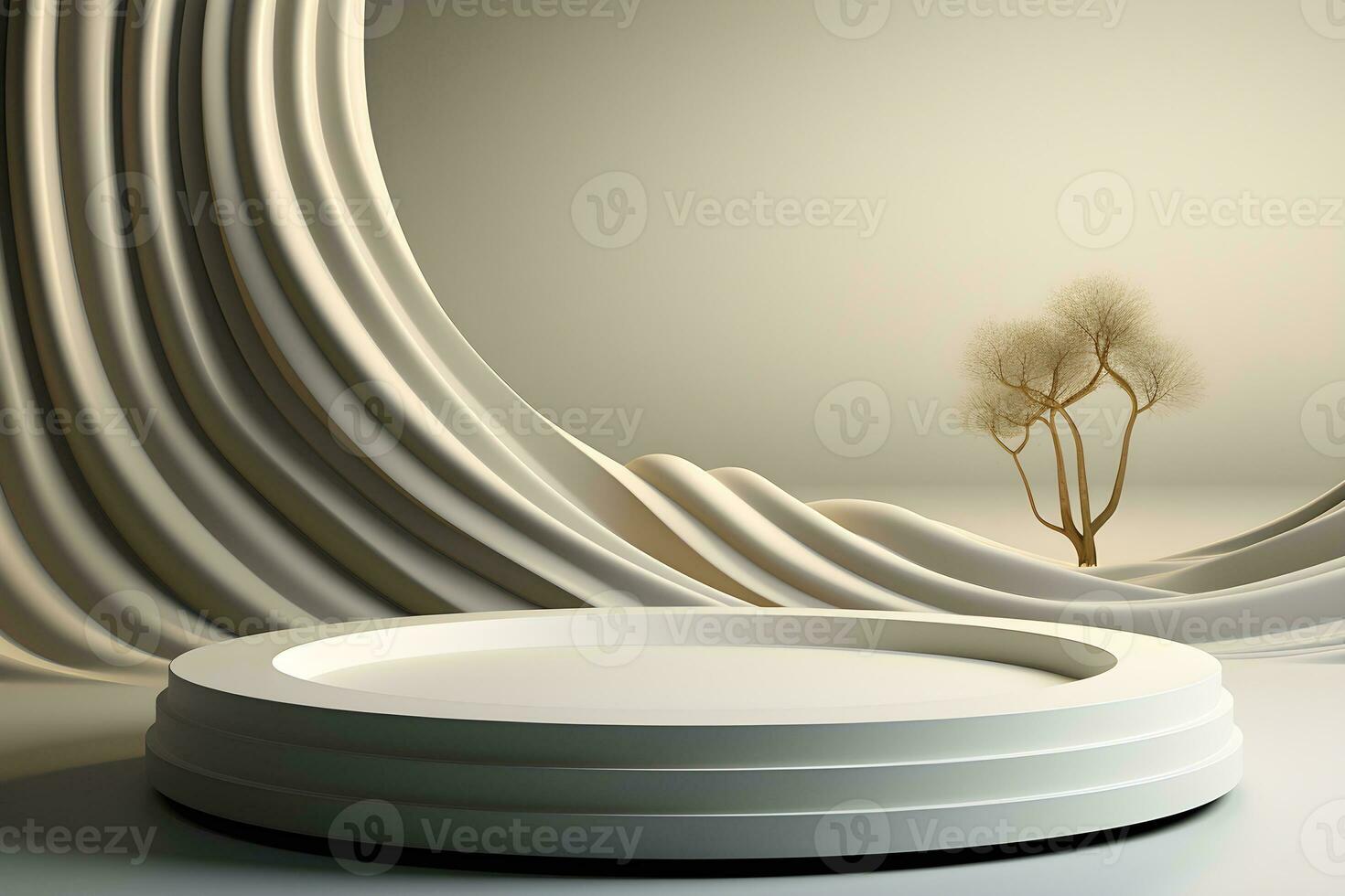 3d render of white round podium on the wooden floor in the modern room. AI Generative Illustration. Podium for product shoot. Minimal Display for product. photo