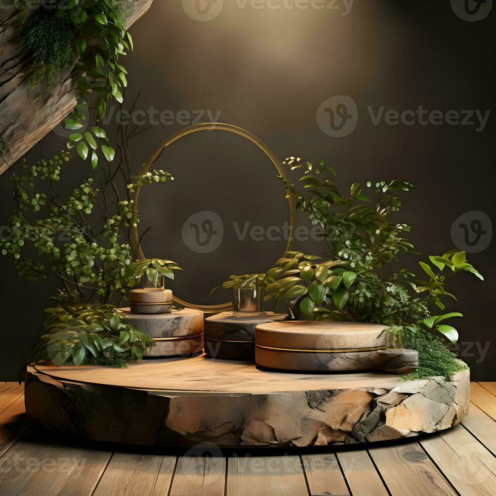 placed on a wooden platform with a leafy shadow. Mockup for a cosmetics or beauty product. pedestal of natural stone steps. Modern and trendy graphic and banner. Generative AI photo