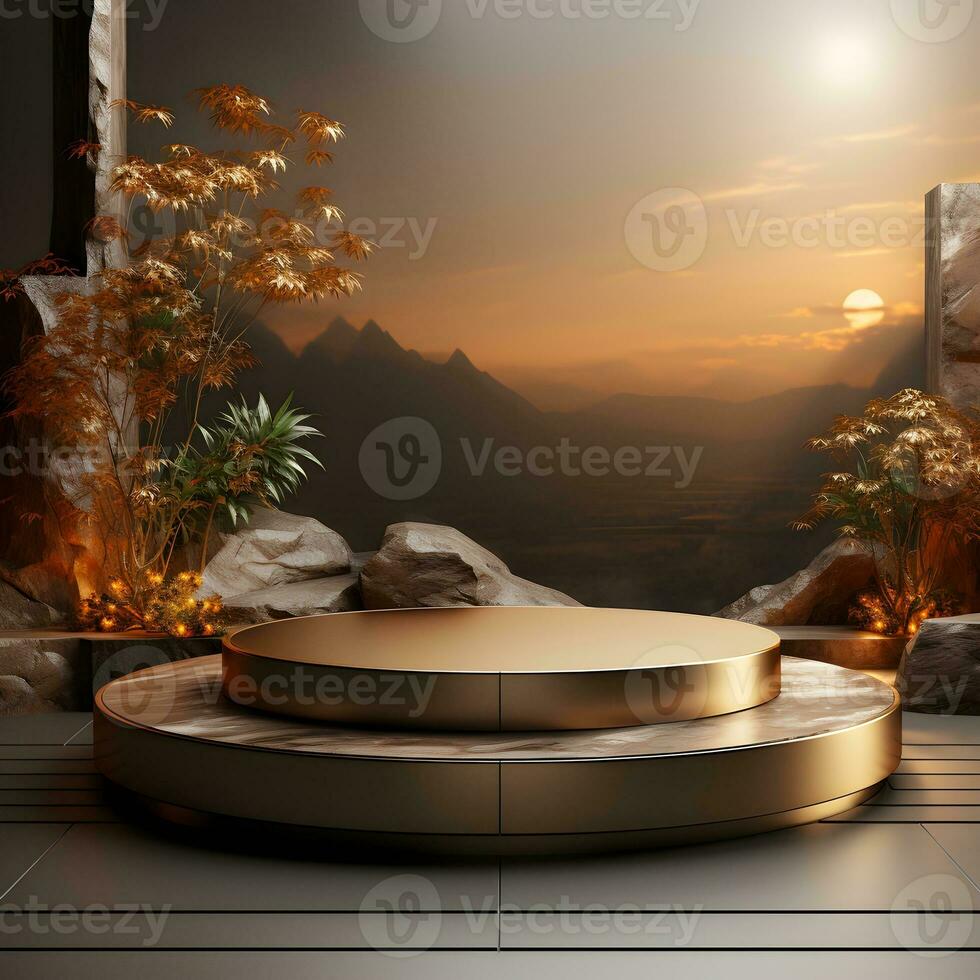 placed on a wooden platform with a leafy shadow. Mockup for a cosmetics or beauty product. pedestal of natural stone steps. Modern and trendy graphic and banner. Generative AI photo