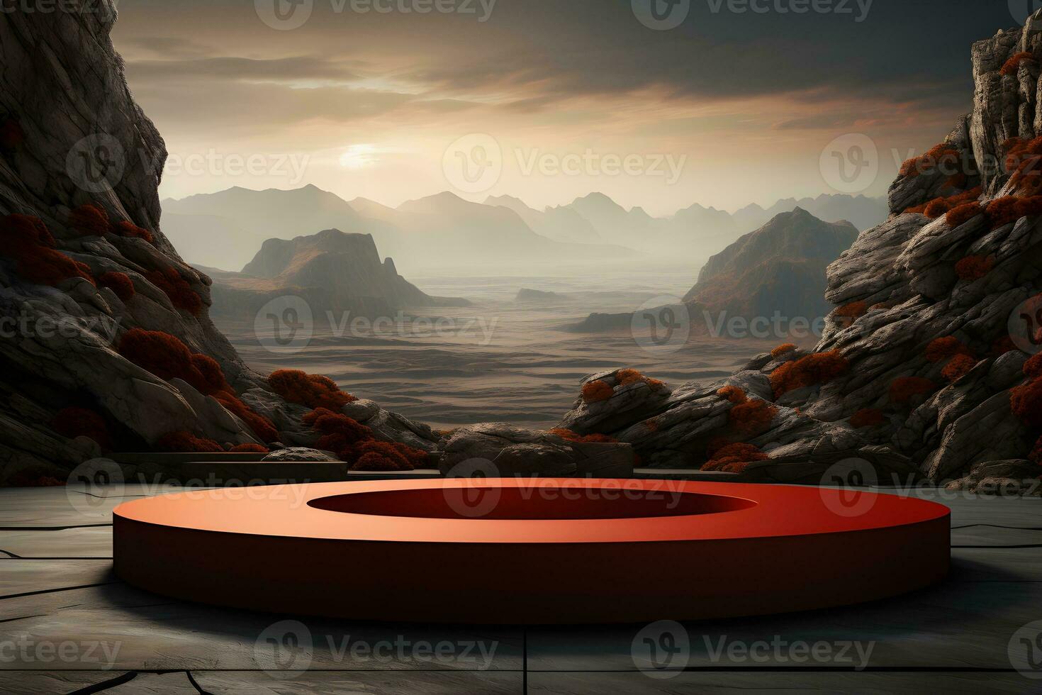 Futuristic dark room with stone floor, 3d render. AI Generative Illustration. Podium for product shoot. photo