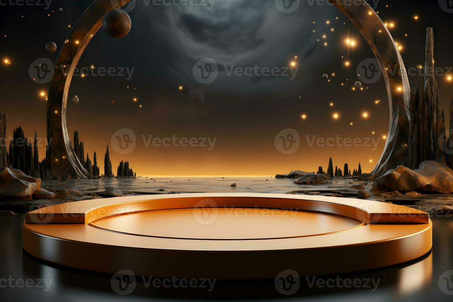 Futuristic dark room with stone floor, 3d render. AI Generative Illustration. Podium for product shoot. photo