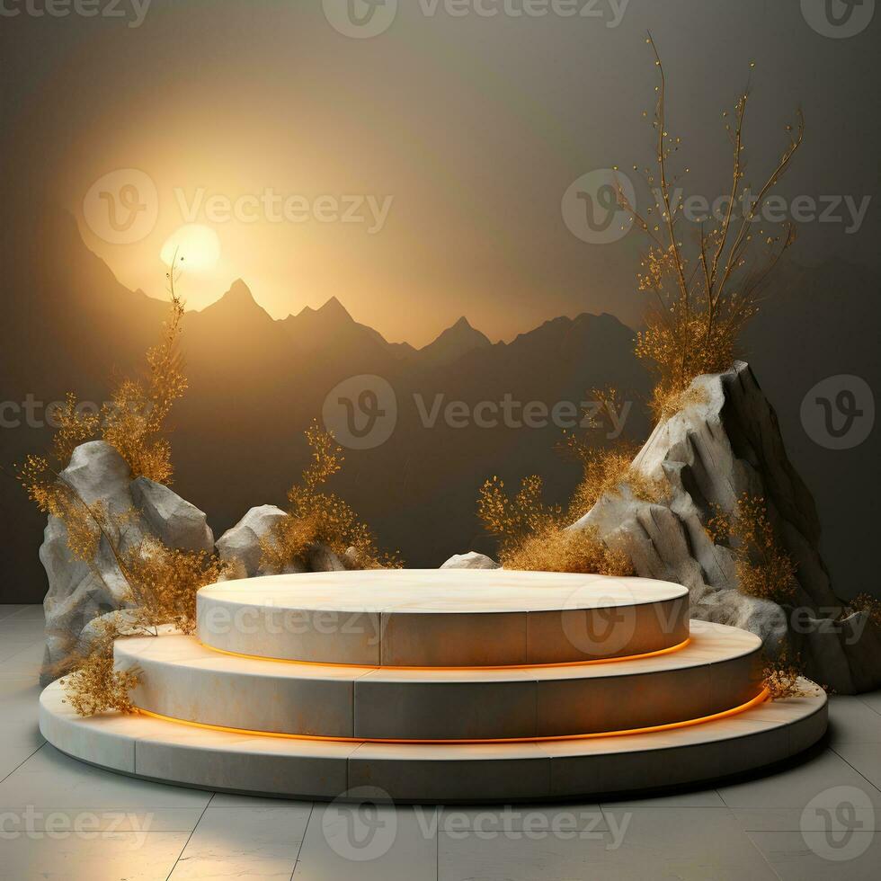 3d render, abstract minimal scene with round podium and mountains in the background AI Generative Illustration. Podium for product shoot. photo
