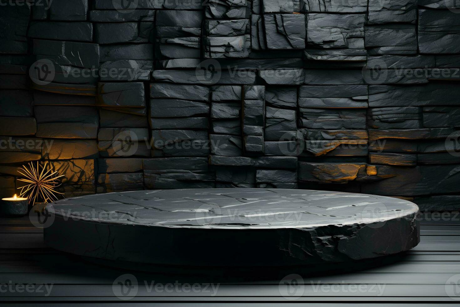 Stone and rock shape 3d render illustration. Round podium, pedestal for brand product exhibition. Solid dark black color AI Generative Illustration. photo