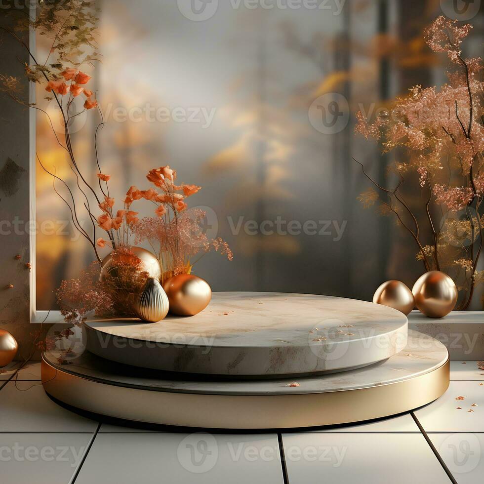 3d render, abstract minimal scene with round podium and mountains in the background AI Generative Illustration. Podium for product shoot. photo