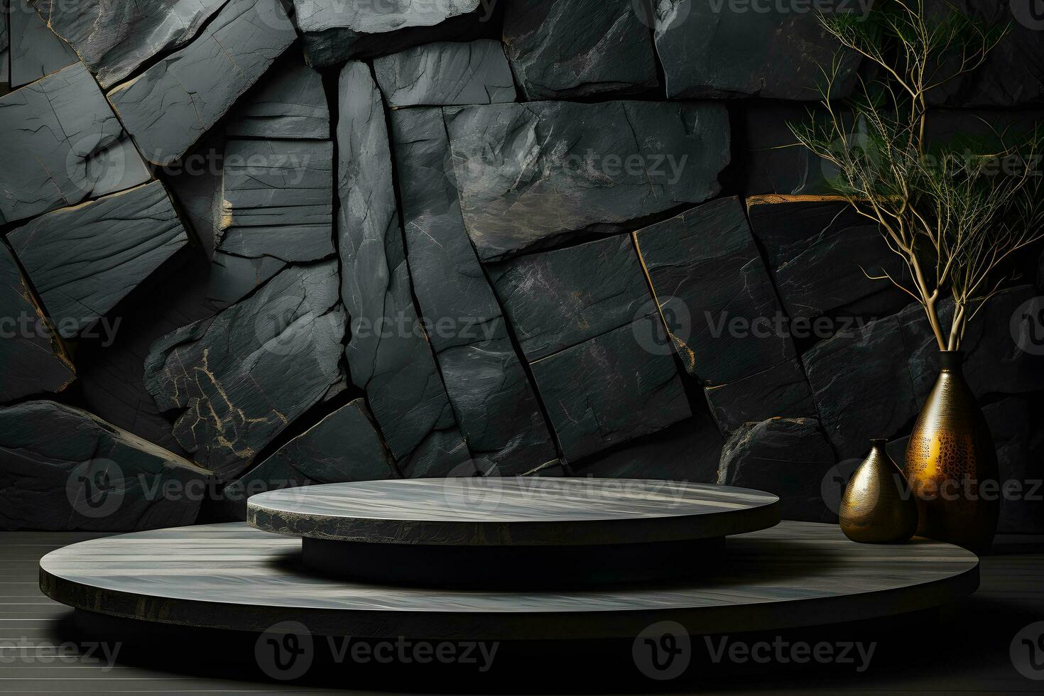 Futuristic dark room with stone floor, 3d render. AI Generative Illustration. Podium for product shoot. photo