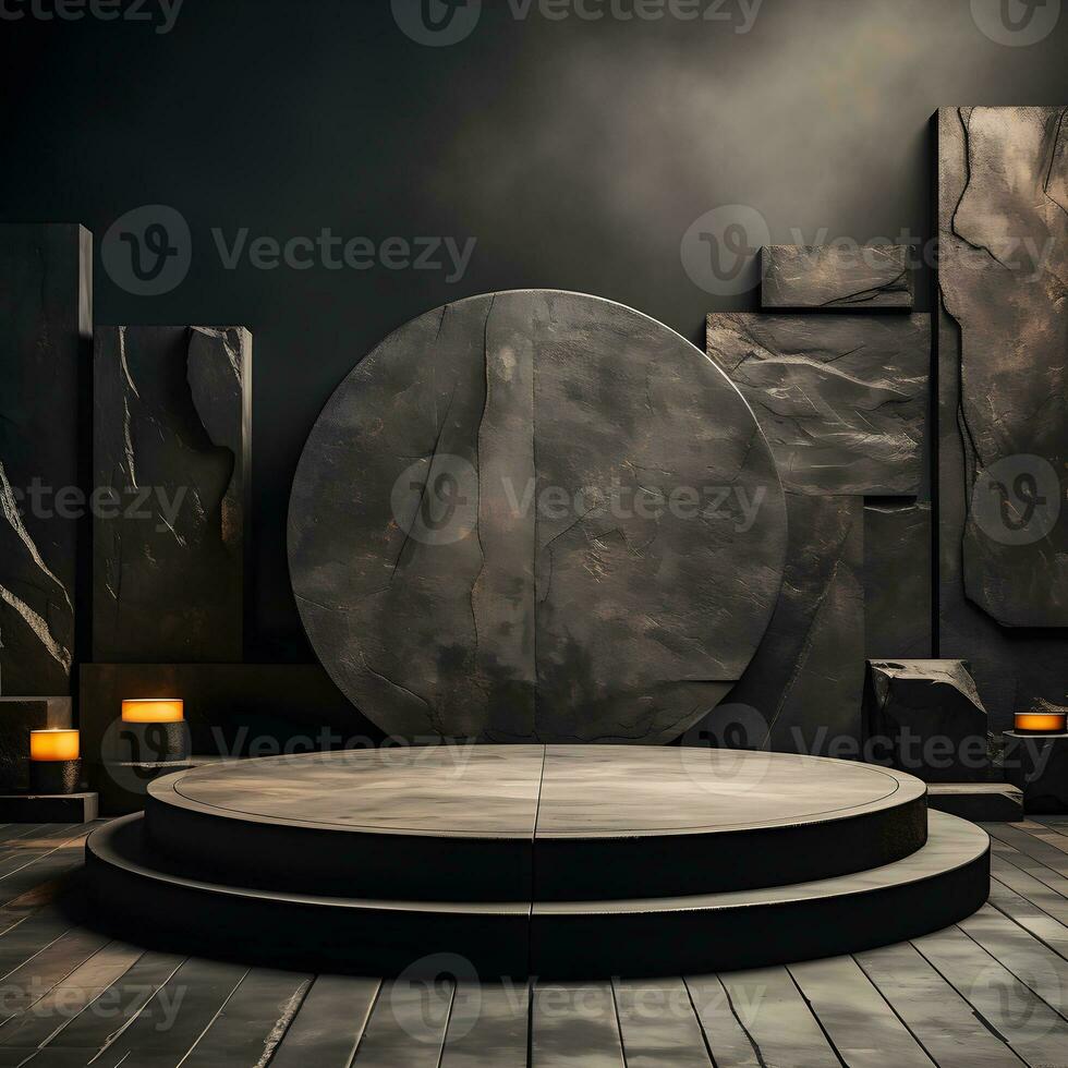 Stone and rock shape 3d render illustration. Round podium, pedestal for brand product exhibition. Solid dark black color. AI Generative Illustration photo