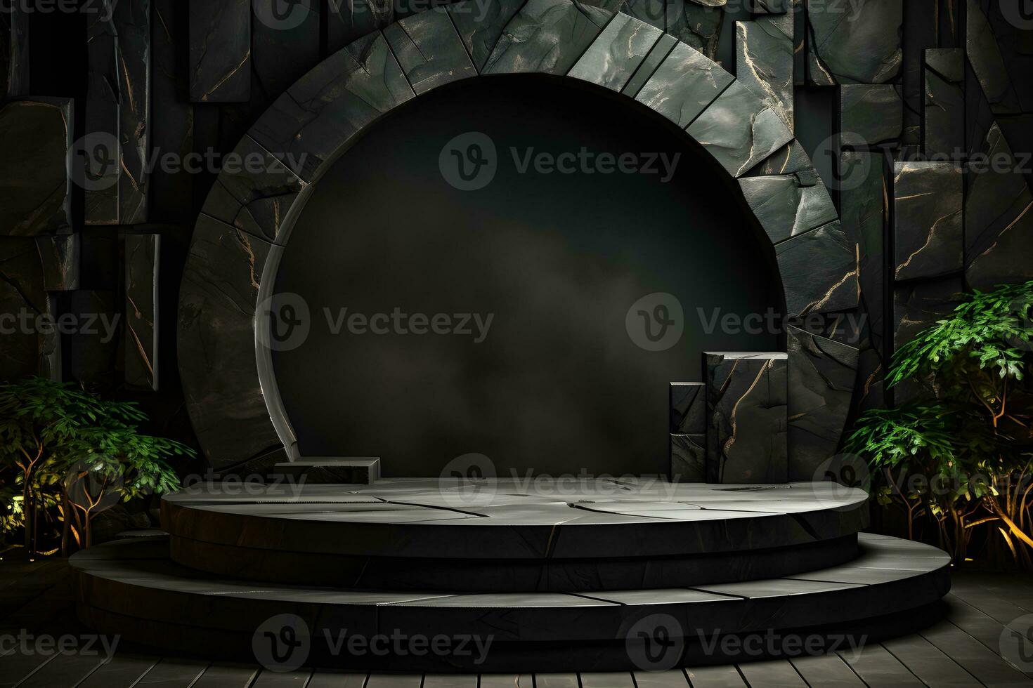 Stone and rock shape 3d render illustration. Round podium, pedestal for brand product exhibition. Solid dark black color AI Generative Illustration. photo