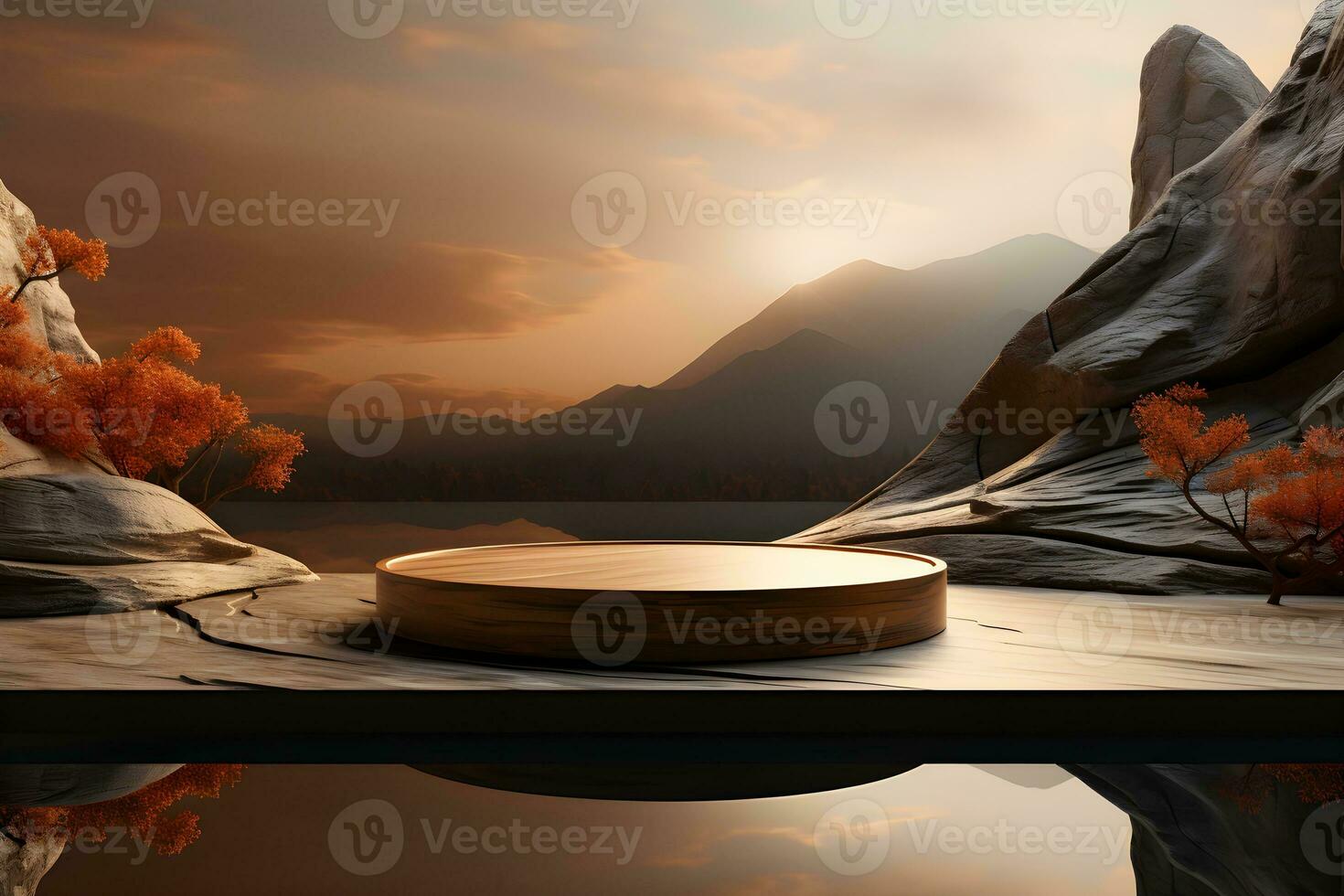 Futuristic dark room with stone floor, 3d render. AI Generative Illustration. Podium for product shoot. photo