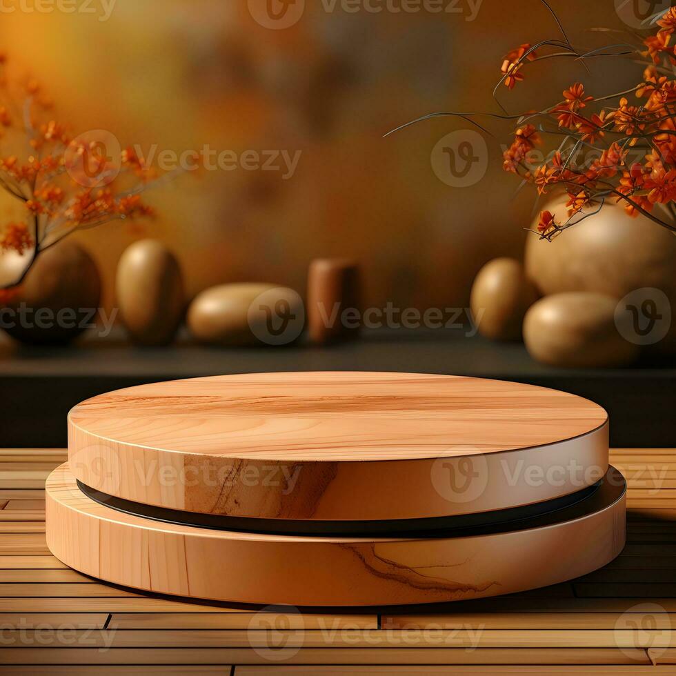 3d render, abstract minimal scene with round podium and mountains in the background AI Generative Illustration. Podium for product shoot. photo