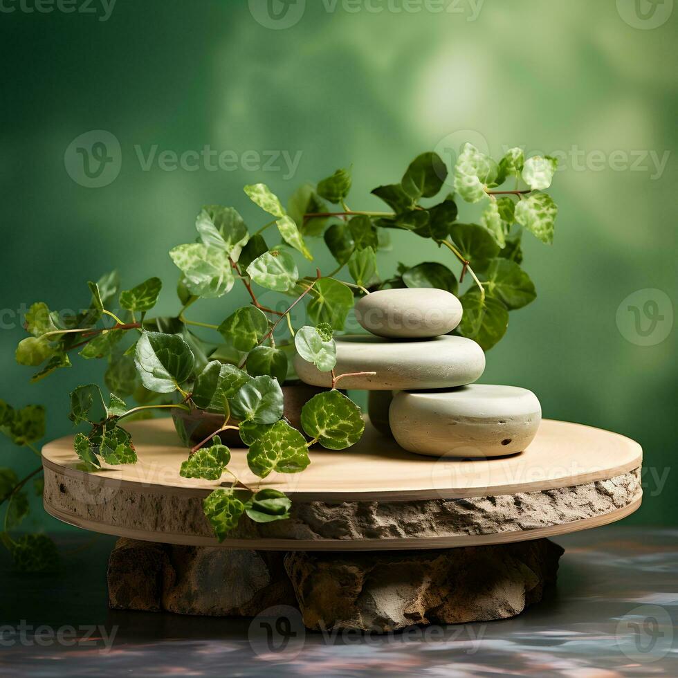 placed on a wooden platform with a leafy shadow. Mockup for a cosmetics or beauty product. pedestal of natural stone steps. Modern and trendy graphic and banner. Generative AI photo