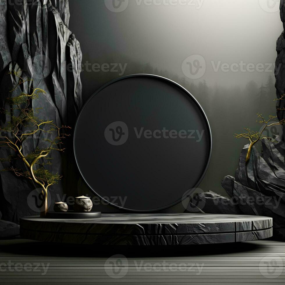 3D Podium of Black Palm, Stone, and Rock with Neon Lighting on Total Black Palette and Circular Copy Space Background. Generative AI photo