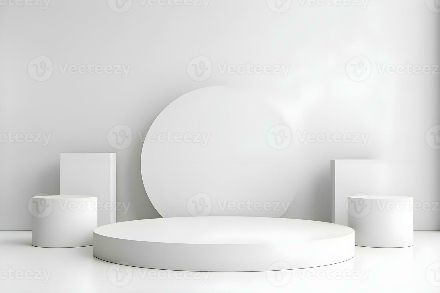 3d render of white round podium on the wooden floor in the modern room. AI Generative Illustration. Podium for product shoot. Marble , plant, Minimal Display for product. photo