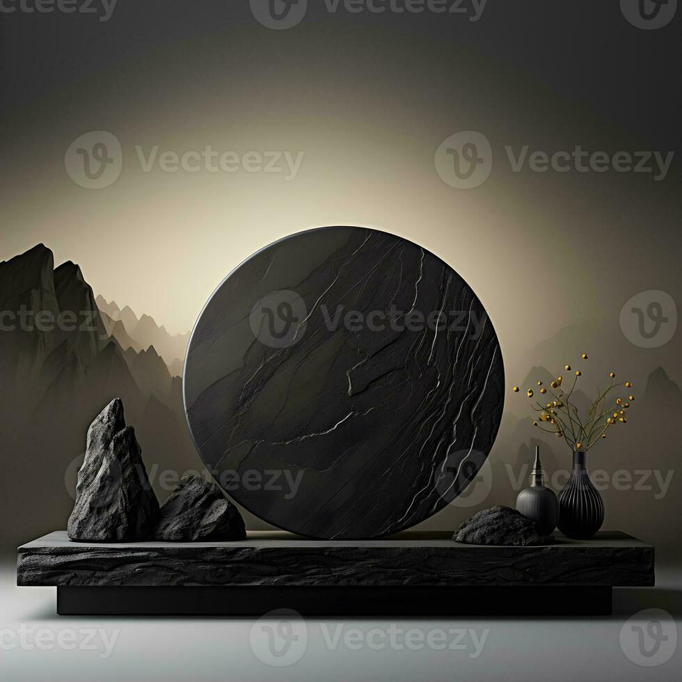 Roca y rock forma 3d hacer ilustración. redondo podio, pedestal para marca producto exhibición. sólido oscuro negro color ai generativo ilustración.. foto