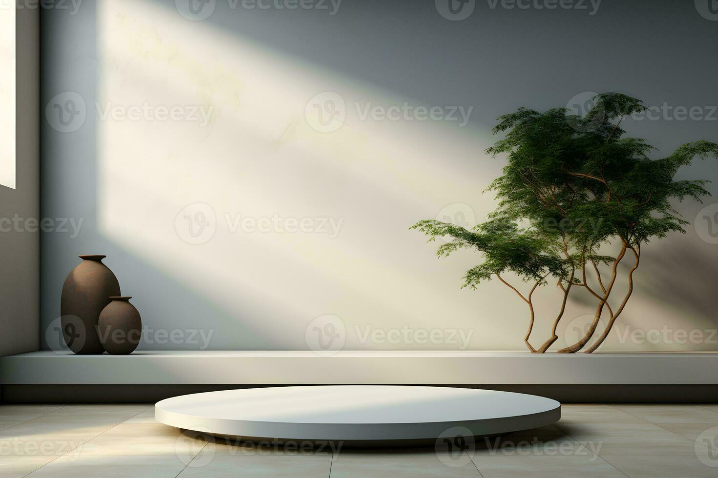 3d render of white round podium on the wooden floor in the modern room. AI Generative Illustration. Podium for product shoot. Minimal Display for product. photo