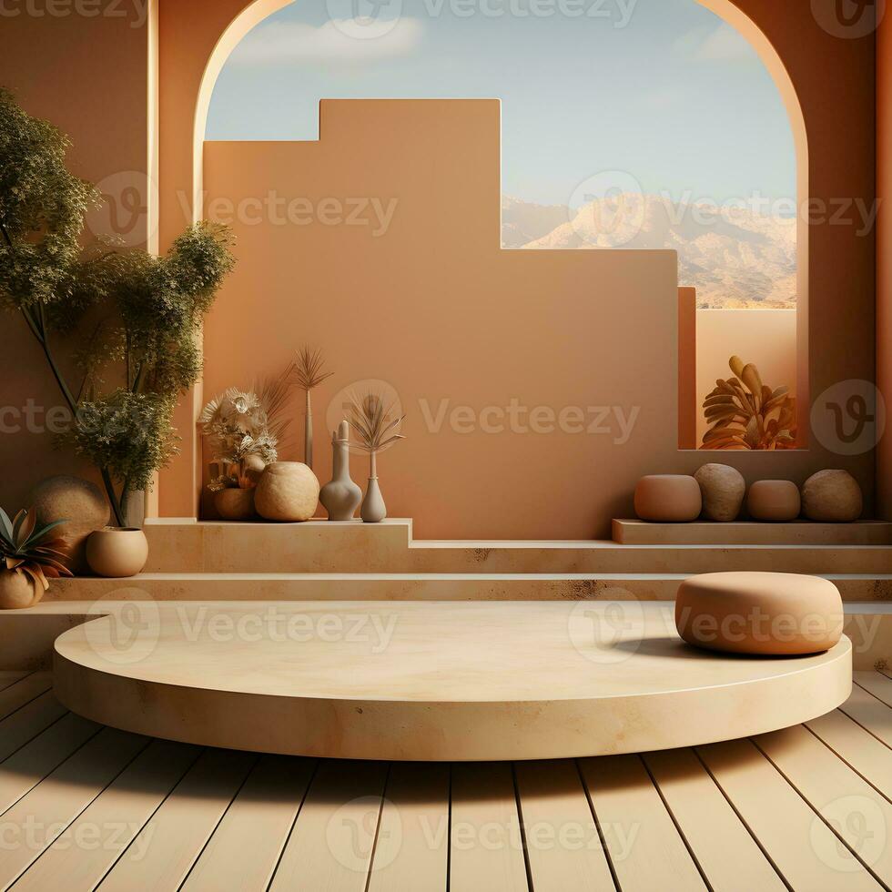 3d render, abstract minimal scene with round podium and mountains in the background AI Generative Illustration. Podium for product shoot. photo
