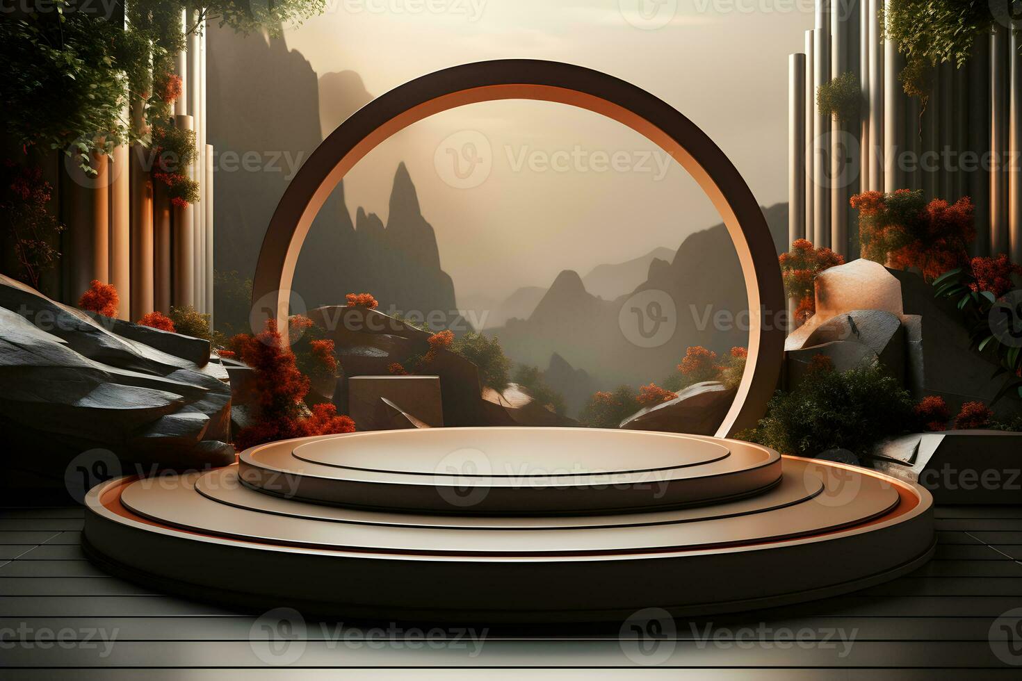 3D realistic podium for product shooting with a lot of space to put a product with Abstract scene concept AI Generative Illustration. photo
