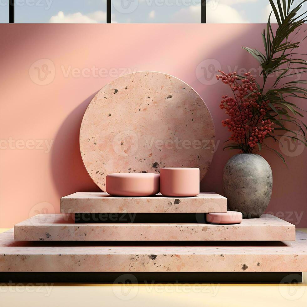 3d render, abstract minimal scene with round podium and mountains in the background AI Generative Illustration. Podium for product shoot. photo