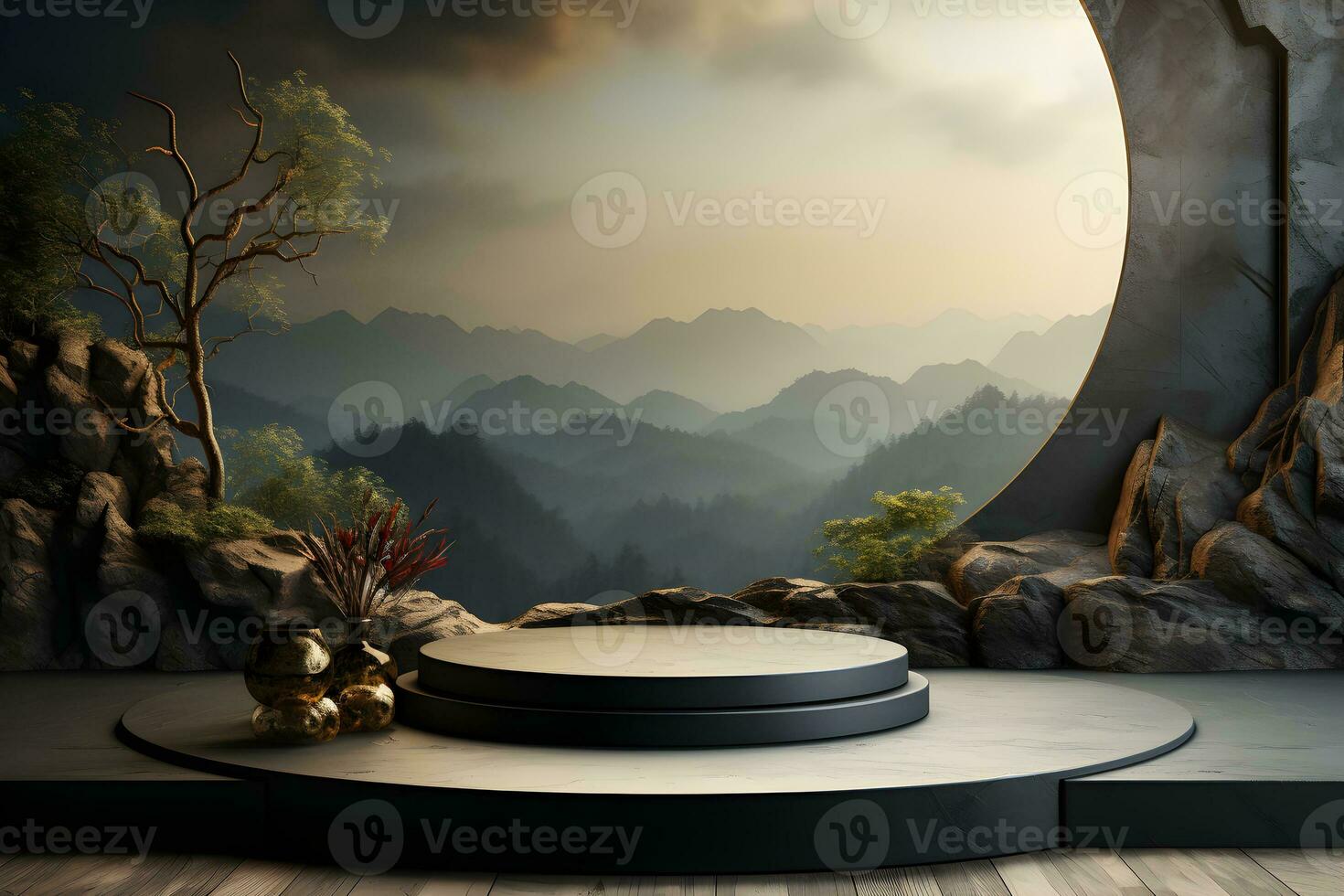 3D realistic podium for product shooting with a lot of space to put a product with Abstract scene concept AI Generative Illustration. photo
