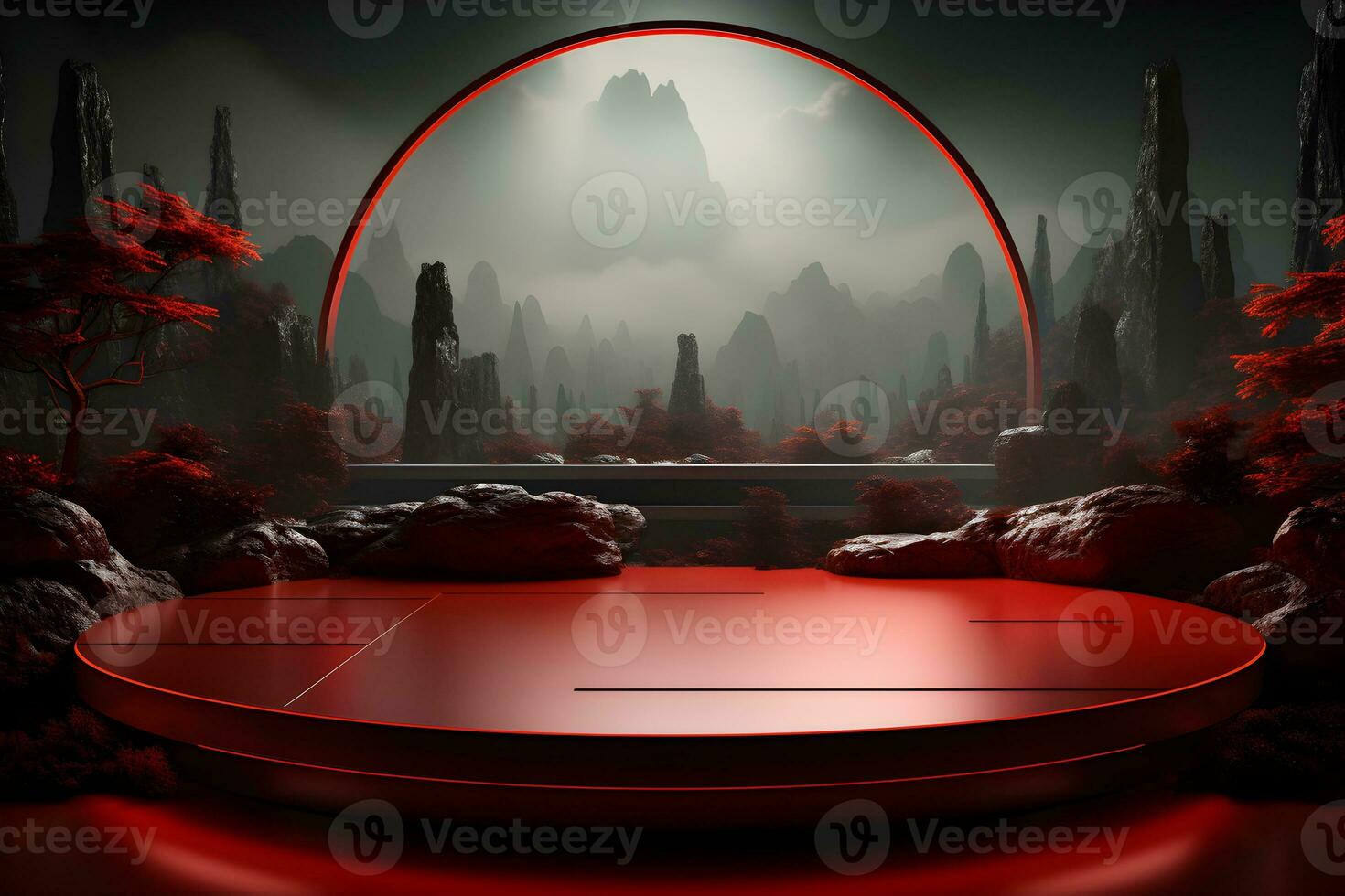3D realistic podium for product shooting with a lot of space to put a product with Abstract scene concept AI Generative Illustration. photo