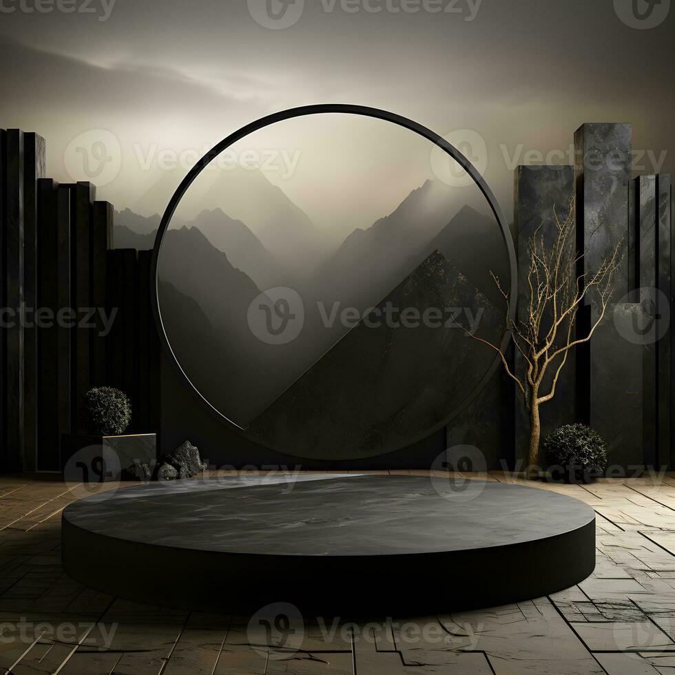 Black stone circle podium pedestal product stage platform 3d background. Generative AI photo
