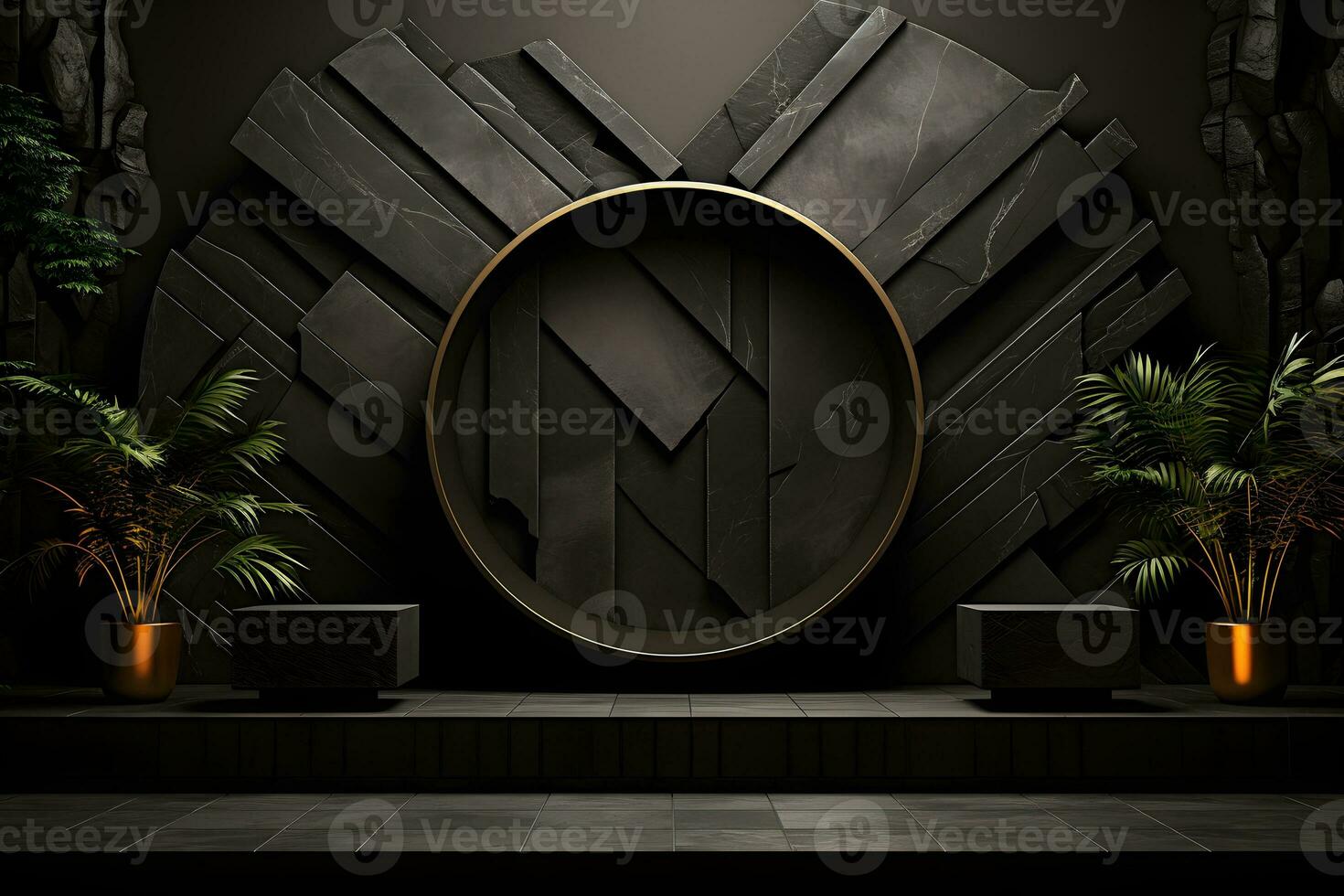 Futuristic dark room with stone floor, 3d render. AI Generative Illustration. Podium for product shoot. photo