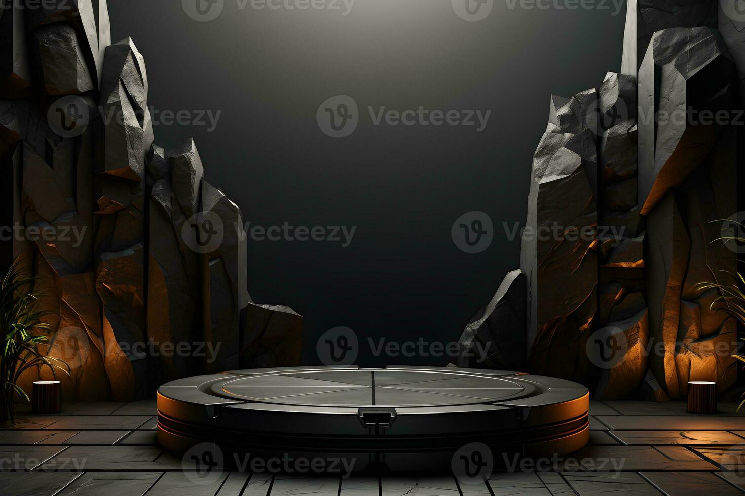 Futuristic dark room with stone floor, 3d render. AI Generative Illustration. Podium for product shoot. photo