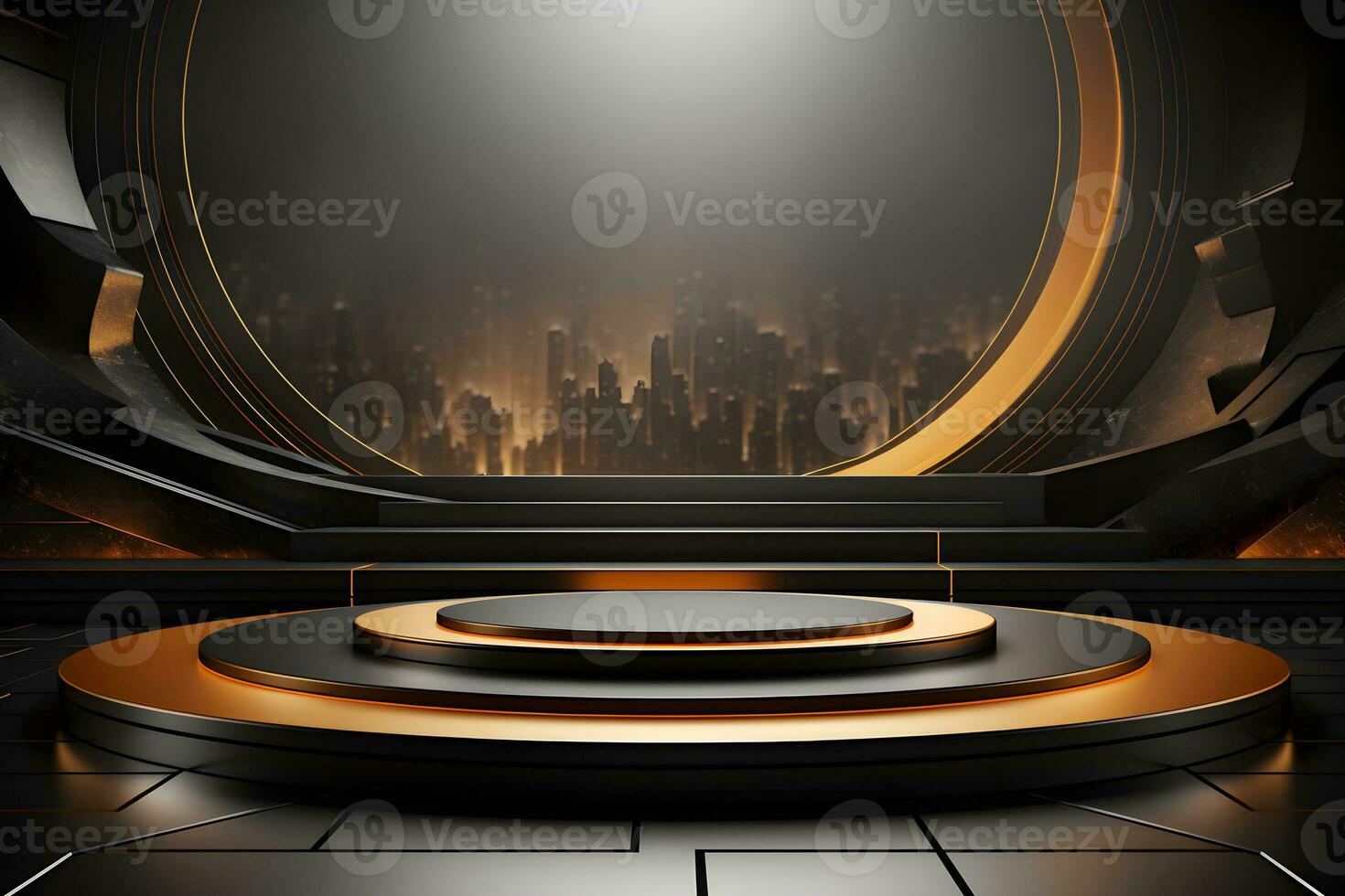 Futuristic dark room with stone floor, 3d render. AI Generative Illustration. Podium for product shoot. photo