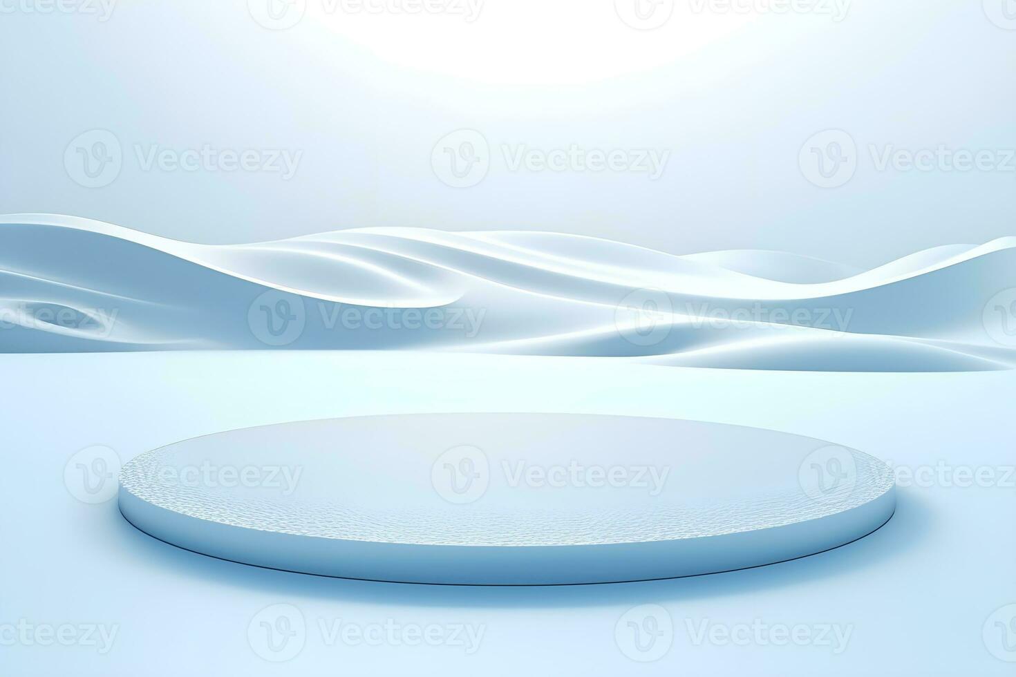 3d rendering of white circle on blue background with some water drops AI Generative Illustration. Podium for product shoot. photo