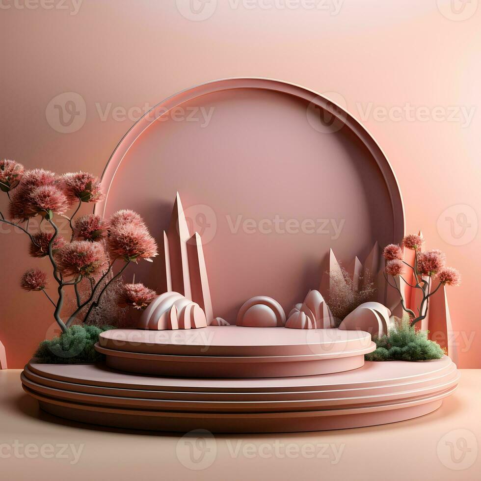3d render, abstract minimal scene with round podium and mountains in the background AI Generative Illustration. Podium for product shoot. photo