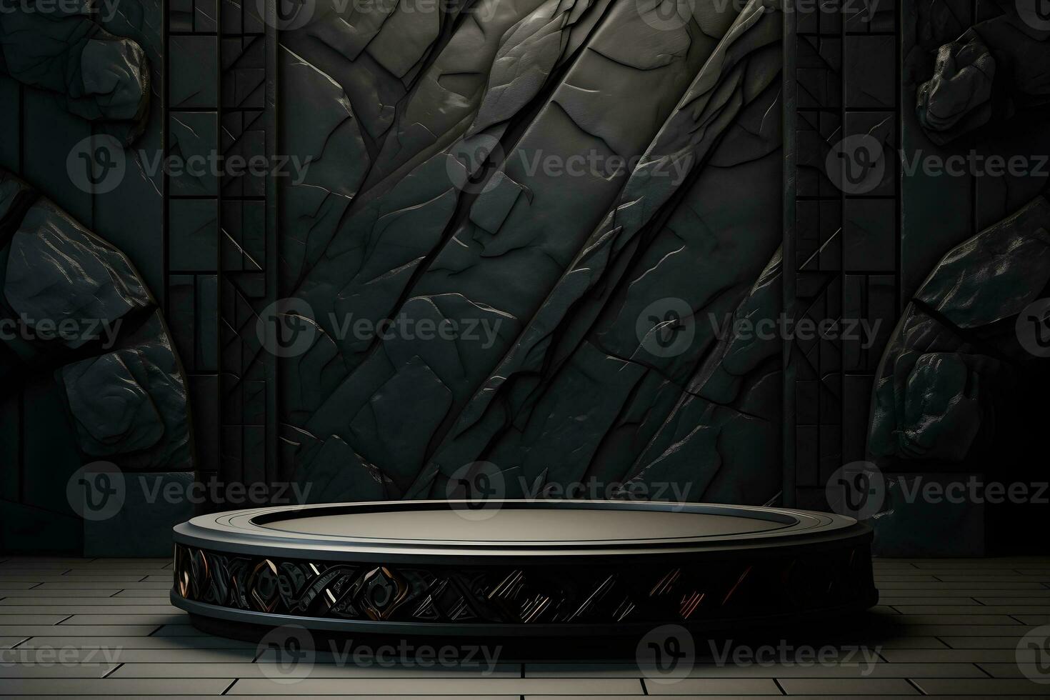 Futuristic dark room with stone floor, 3d render. AI Generative Illustration. Podium for product shoot. photo